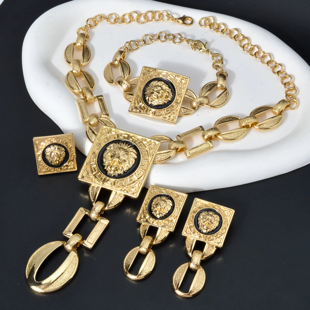 Gold Plated Jewelry Set  For Women African Indian Dubai Wedding Jewellery Luxury Choker Necklace Bracelet Earring Cuff Rings